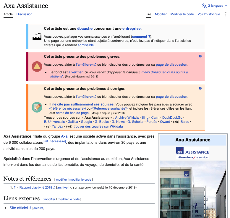 Page Wikipédia « Axa Assistance »